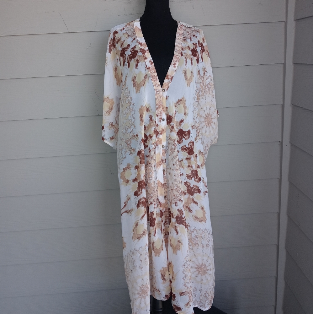 Cato Long Kimono Duster Cream Yellow and Brown Multi color Patterned Print NWT